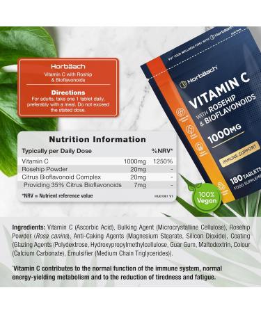 Vitamin C Complex with Rosehip and Bioflavnoids 1000mg | 180 Tablets | High Strength Supplement | Vegan and Vegetarian Friendly | by Horbaach - Buy Online on GoSupps.com