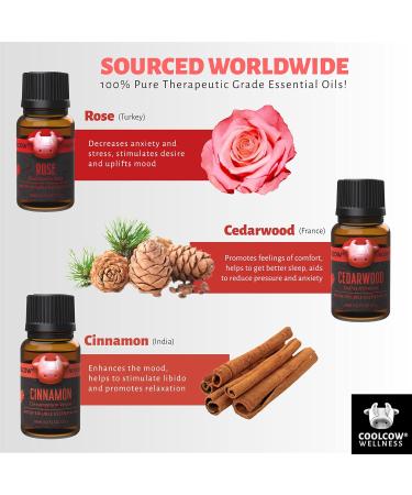 Coolcow Essential Oils Set for Diffusers - 100% Natural Aromatherapy Oils (6x10ml) - Geranium Rosemary Rose Cedar Cinnamon Vanilla - Perfect for Massage & Relaxation - Buy Online on GoSupps.com