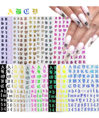 20 Sheets Old English Letter Nail Stickers,Holographic Alphabet Nail Decals,3D Self-adhesive Numbers Nail Art Stickers for Acrylic Nails,Nail Decor for Women Girls DIY Nails Decoration Manicure Letter&Number