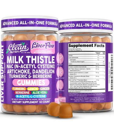 Clean Nutra Milk Thistle NAC Supplement N Acetyl Cysteine Artichoke Dandelion Root Turmeric Berberine Ginger Curcumin Gut Health Metabolism Detox & Cleanse 60 Gummies