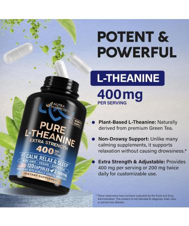 L Theanine 400 mg | L-Theanine Stress Relief | Extra Strength Supplement | Made in USA | Relaxation Sleep & Calm Support | For Men & Women | Plant Based Non-GMO & Gluten-Free | 120 Vegan Capsules 120 Count (Pack of 1) - Buy Online on GoSupps.com