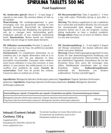 Cupplement - Spirulina 300 Tablets - Organic - Powder and Flake Free - Supplement - Superfood - Chlorella - Buy Online on GoSupps.com