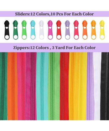 36 Yards 12 Small Nylon Zippers Assorted Colors with 120 Plastic Sliders - Sewing Supplies - Buy Online on GoSupps.com