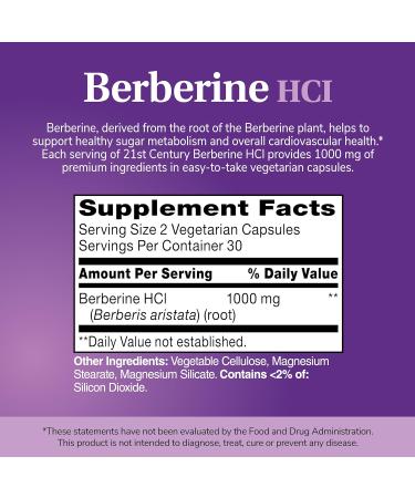 21st Century Berberine HCl 1000 mg Per Serving, (60 Count), Helps Support Healthy Sugar Metabolism & Cardiovascular Health, Vegan, Non-GMO, Gluten Free, Berberine Supplement, 30 Servings - Buy Online on GoSupps.com