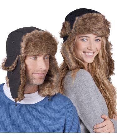 Tough Headwear Winter Trapper Hat - Russian Ushanka Trooper Aviator Hats for Men & Women - Snow Eskimo Hat with Ear Flaps Wooly Black
