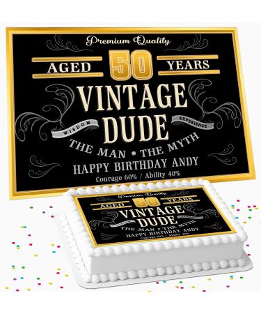 VINTAGE DUDE GOLD BIRTHDAY PARTY PERSONALISED ICING EDIBLE COSTCO CAKE TOPPER R2VG