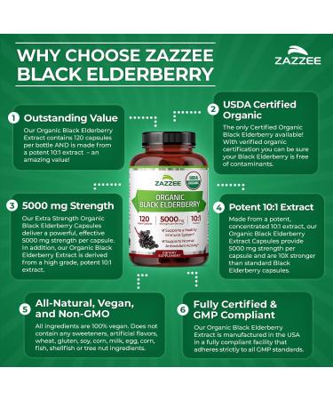 Zazzee USDA Organic Black Elderberry 10:1 Extract 5000 mg Strength 120 Vegan Capsules 2 Month Supply Standardized Concentrated 10X Extract 100% Vegetarian All-Natural Non-GMO Made in The USA - Buy Online on GoSupps.com