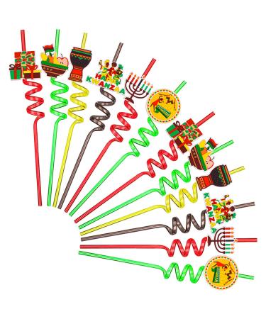 24Pcs Happy Kwanzaa Party Drinking Straws Reusable Plastic Beverages Cocktail Straw with Cartoon Decoration Kwanzaa Party Decor for African-American Party Favor Supplies