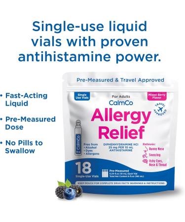 CalmCo Adult Allergy Relief Vials Pre-Measured Diphenhydramine HCl 25mg Travel Size Allergy Medicine for Ages 12+ Antihistamine for Sneezing Runny Nose & Itchy Eyes Mixed Berry Flavor 18 Count - Buy Online on GoSupps.com