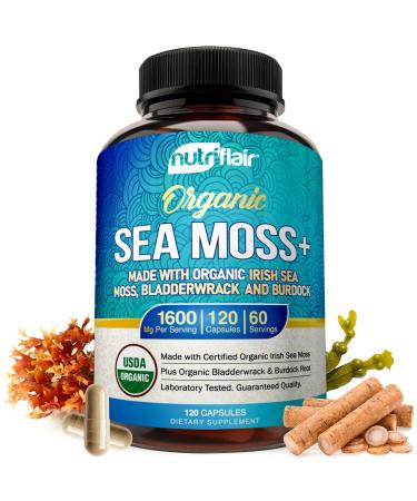 NutriFlair Organic Sea Moss 1600mg 120 Capsules Plus Bladderwrack & Burdock - Prebiotic Super Food - Immune System & Digestive Health - Thyroid Healthy Skin Keto Detox Gut