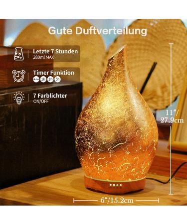 Porseme Gold-Plated Aroma Diffuser 280ml Hand-Blown Humidifier Ultrasound Cool Mist 7 Color-Changing LEDs Timer BPA-Free | Perfect for Apartments - Buy Online on GoSupps.com