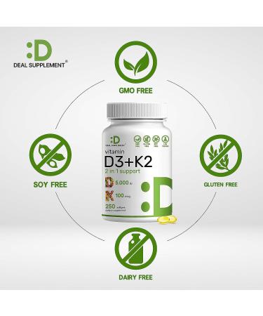 Vitamin D3 K2 Softgel 5000 IU - 250 Count 2-1 Complex for Heart, Bone, Teeth Health - Easy to Swallow - Buy Online on GoSupps.com
