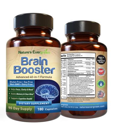 Brain Booster 40-in-1 Formula Supplement for Focus, Memory, Clarity, Energy | for Men & Women, Cognitive Function Nootropic Support with DMAE, Brain Health Formula | (180 Capsules - 90 Day Supply)