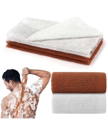 Aomig Bain ponge Africaine Net Gant de Toilette Exfoliant Eponge Douche Gommage Corps Filet de Bain Ceinture de African Net Sponge Filets Moussants ponge en Luffa pour Corps(Blanc+Marron) 2pcs-blanc+marron