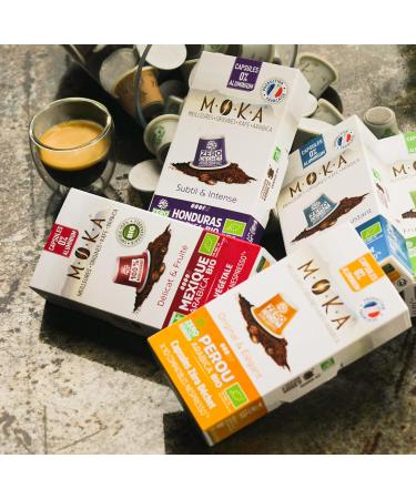 MOKA 100 Organic Compostable Capsules 100% Pure Arabica Mexico Honduras Ethiopia Brazil Peru - Compatible with Nespresso Capsule Machines - Intensity 6-8 - Home Compost - Roasted in France  - Buy Online on GoSupps.com