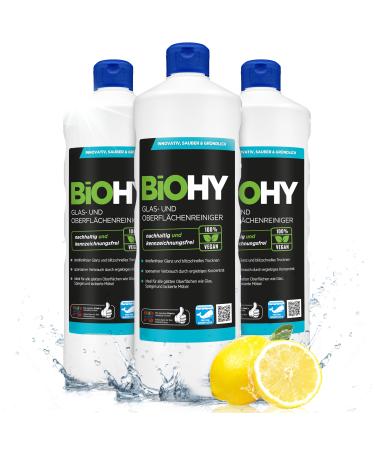 Biohy glass and surface cleaner (3 x 1 liter) |Glass cleaner concentrate for streak -free shine |Productive glass & plastic cleaner |Fat solder & lime cleaner |Ideal for windows & kitchen 1 L (3 -pack)