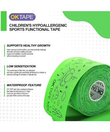 OK TAPE Kinesiology Tape for Kids(5.9 in 32 Strips)  Hypoallergenic  Breathable  Gentle Removal  Suitable for Basketball  Baseball  Rugby and Other Children's Sports  Relieve Muscle Fatigue - Green - Buy Online on GoSupps.com