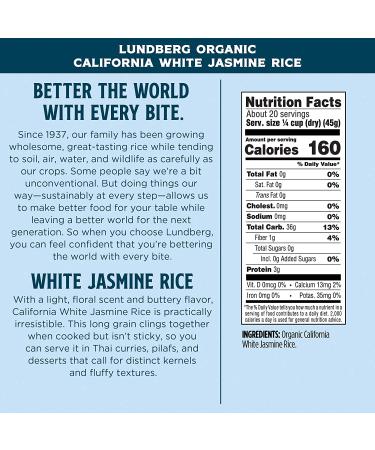 Lundberg Family Farms Organic California White Jasmine Rice - 32oz | Bulk Pantry Staple for Cooking | Gluten-Free, Non-GMO, USDA Organic, Vegan, Kosher - Buy Online on GoSupps.com
