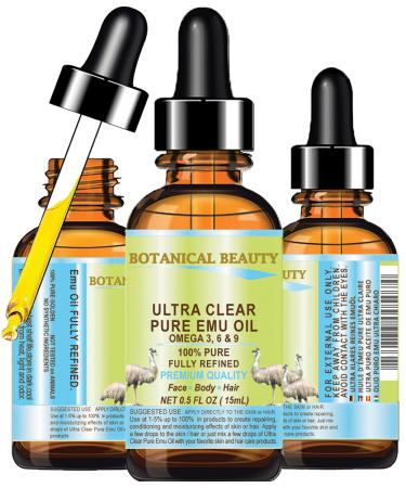 Botanical Beauty PURE EMU OIL ULTRA CLEAR 100% Natural REFINED for FACE SKIN BODY HANDS FEET NAILS HAIR LIP CARE 0.5 Fl. oz. - 15 ml