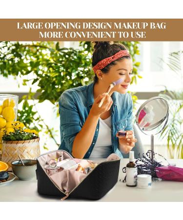 SFXULIX Large Capacity PU Leather Travel Cosmetic Bag - Waterproof Women's Makeup Organizer with Handle and Divider - Portable Black Travel Makeup Bag - Buy Online on GoSupps.com