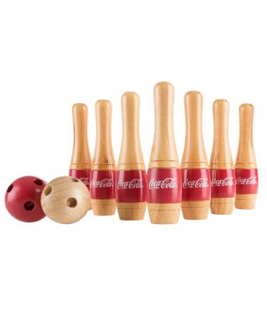 Hey!Play! Coca-Cola Lawn Bowling Game/Skittle Ball- Indoor and Outdoor Fun for Toddlers, Kids, Adults -10 Wooden Pins, 2 Balls and Mesh Bag Set, 8-Inch