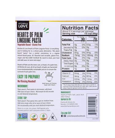 Kitchen & Love Hearts of Palm Linguine: Low Carb, Low Calorie, Plant Based, Non GMO, Gluten Free Pasta Alternative - Vegan, Easy to Prepare, Quick Meal - 8 Oz (Pack of 3) - Buy Online on GoSupps.com