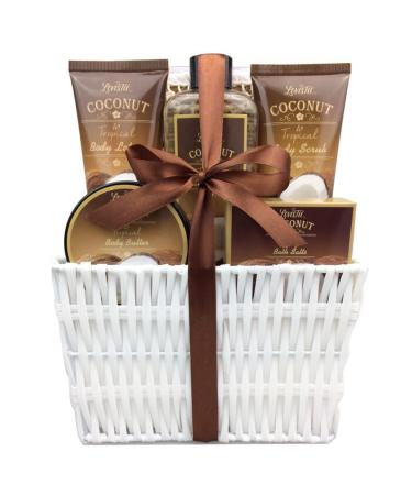 Father's Day Gifts Spa Gift Baskets Bath and Body Set with Refreshing Coconut Fragrance Lovestee - Bath and Body Gift Set Includes Shower Gel Body Lotion Body Scrub Body Butter Bath Salt and Loofah Back Scrubbed