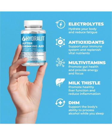 Hydralit After Drinking Aid Supplement Pre Game Party Pills Electrolytes Hydration DHM Milk Thistle Weekend Recovery Vitamins Relief Formula Better Mornings Alcohol Liver Health Support 120 Capsules - Buy Online on GoSupps.com