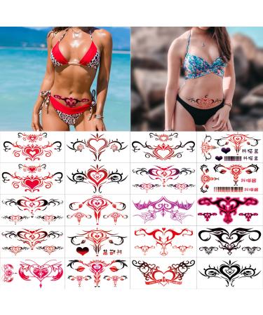 Maripabon Sexy Temporary Tattoos for Women 20 Sheets Large Black Red Navel Tattoo Stickers Stomach Waist Butt Lower Back Naughty Tattoos for Ladies Girls Black Red Lace-A