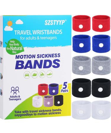 SZSTYYP 5 Pairs Motion Sickness Bands Adults Travel Essentials sea Sickness Wristbands for Kids Cruise Ship Vacation Nausea Relief for Pregnant Women Morning Sickness Relief Acupressure Wristband Red/Blue/Gray/Black/White