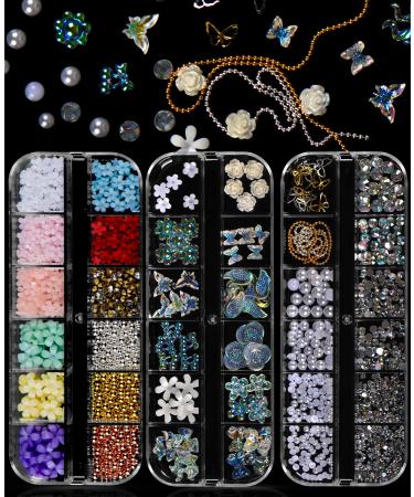 Spearlcable 3D Flowers Nail Charms 3 Box Butterfly Nail Jewelry Pearls Crystal Nail Rhinestones Set Nail Gems Flat Back Round Beads for Acrylic Nail Art (B)