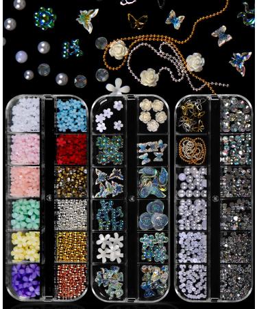 Spearlcable 3D Flowers Nail Charms 3 Box Butterfly Nail Jewelry Pearls Crystal Nail Rhinestones Set Nail Gems Flat Back Round Beads for Acrylic Nail Art (B)