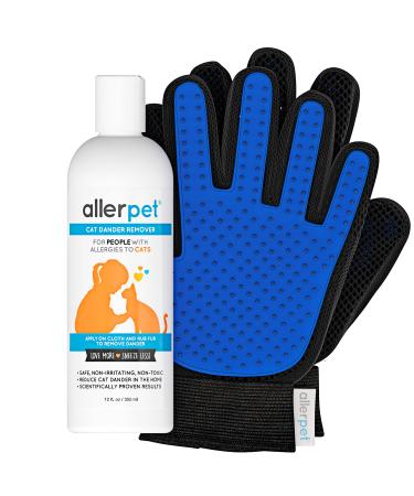 Allerpet Cat Dander Remover w/Grooming Glove - Pet Dander Remover for Allergens - for Cat Dry Skin Treatment - Made in USA - (12oz) 2 Gloves + Cat