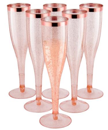 Rose Gold Plastic Champagne Flutes 1 Box of 30  6.5 Oz Gold Glitter Plastic Classic ware Plastic Toasting Glasses Disposable wine Mimosa glasses for wedding Party Cocktail Pink Cups (Rose Gold)