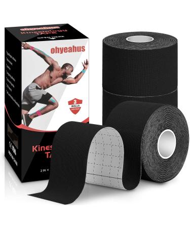 Kinesiology Tape(3 Rolls pack) Elastic Therapeutic Sports Tape Pro for Shoulder Knee Elbow Ankle Waterproof Breathable Latex free 2" x 19.7 feet Per Roll Black