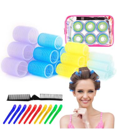 Self Grip Hair Rollers Hair Curlers No Heat for Long Medium Short Hair with Clips, Muti- sizes Hair Clips Hairdressing Curlers for Women, Men and Kids DIY Curly Hair Styling Design Tool-24 pcs/set blue
