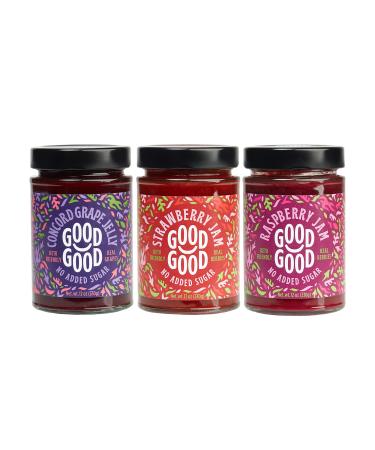 Good Good Assorted Jam Collection - Concord, Strawberry and Raspberry Jams - No Added Sugar - Keto Friendly - 3 Pack - Low Carb, Low-Calorie - Vegan - Breakfast Options - 330g Jars