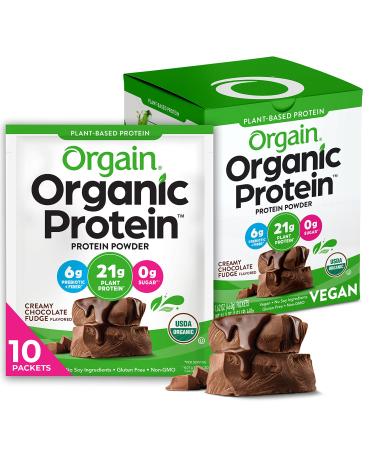 Orgain Organic Vegan Protein Powder Travel Pack Creamy Chocolate Fudge - 21g of Plant Based Protein 6g of Fiber No Dairy Gluten Soy or Added Sugar Non-GMO 10 Count 10 Count Travel Pack Chocolate