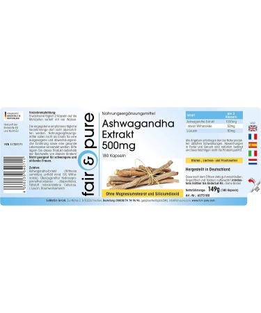 Fair & Pure - Ashwagandha 500mg - extra strong - standardized to 5% withanolide - vegan - Indian Ginseng extract (Withania Somnifera) - natural - 180 capsules for 3 months - Buy Online on GoSupps.com