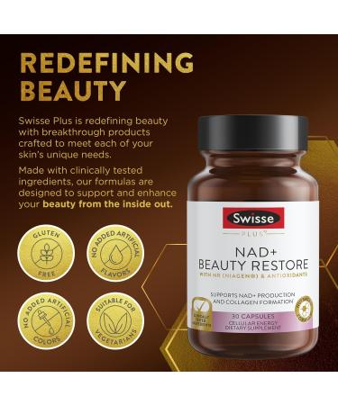 Swisse Plus NAD+ Beauty Restore | Clinically Tested Ingredients | NAD+ Supplement for Men & Women | Supports Collagen Formation, Skin Elasticity & Anti-Aging Supplement | 30 Capsules - Buy Online on GoSupps.com