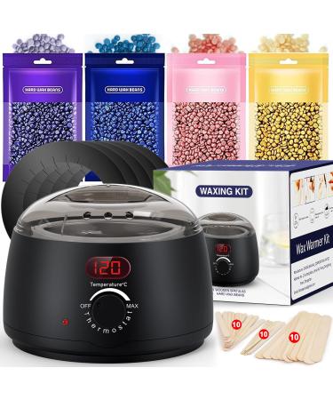 Waxing Kit for Women Men: Digital Display Wax Warmer for Hair Removal Accurate Temperature Display 4-Pack Hard Wax Beads 30 Applicator Sticks - All-in-one at Home Use Hot Wax Melt Warmer