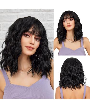 OUFEI Black Wigs for Women Short Wavy Wig With Bangs Natural Synthetic Hair Heat Resistant Wigs for Daily Party Cosplay Wear Black(8117-1)