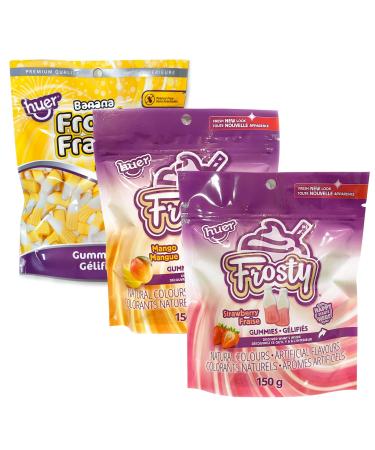 Huer - Frosty Trial 3 Pack with Strawberry Banana and Mango Fruity Creamy Milkshake Flavour Soft and Chewy Gummy Candy Natural Colours 150g Bag (Pack of 3) Stocking Stuffers Christmas Gift Variety