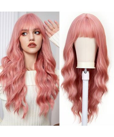 Uevies long curly pink wigs with pony wig for women synthetic hair wig for party cosplay daily use -26 inches