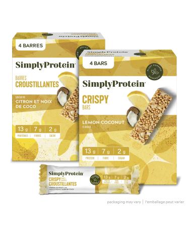 Simply Protein - Lemon Coconut Crispy Bars - Plant Based Protein Bars - Low Carb Low Sugar High Fibre - 13g Protein 2g Sugar 7g Fibre - Vegan Gluten Free Non GMO Kosher - 4 Bars Lemon Coconut 4 Count (Pack of 1)