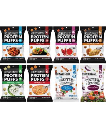 Shrewd Food Protein Puffs - High Protein, Low-Carb, Gluten-Free, Health Conscious Snacks, Keto Snacks, Non GMO, Soy-Free, Tree Nut Free, Peanut-Free, Never Fried - Variety, (6)-0.74 oz & (2)-0.52oz (Pack of 8) Bold Flavor Variety