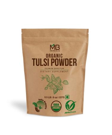 MB Herbals Organic Tulsi Powder 8 oz / 0.5 lb (227g) | USDA Certified Organic Tulsi Powder | Ocimum Sanctum Tulasi | Premium Quality Diet Supplement | for A Refreshing Cup of Tulsi Tea