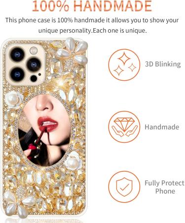 Cavdycidy Designer iPhone 13 Pro Max Mirror Case with Bling Gemstone - Gold Gems | Luxury 3D Glitter Sparkle Diamond Phone Case for Women - Buy Online on GoSupps.com