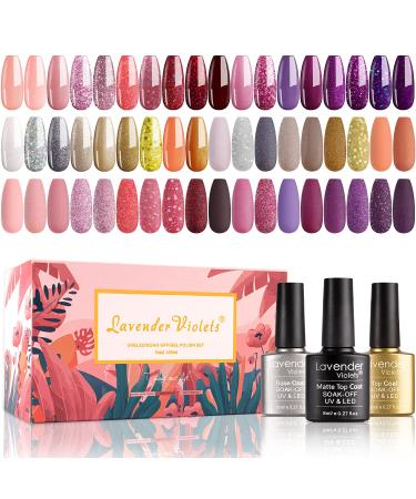 Lavender Violets Gel Nail Polish Kit 27+3 Colors Classic n Glitter Gel Shades Red Pink Purple Yellow and Silver Soak-off UV Nail Gel 5ml/each with Base, Matte and Glossy Top Coat 8ml/each C971