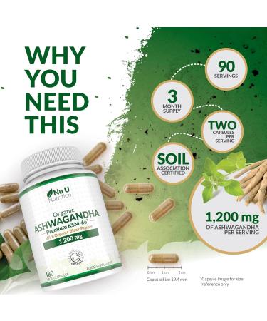 Organic Ashwagandha KSM-66 1200mg - 5% Withanolides - 180 Vegan Capsules not Tablets - High Strength Ashwaganda Enhanced with Black Pepper - Soil Association Certified - Nu U Nutrition - Buy Online on GoSupps.com